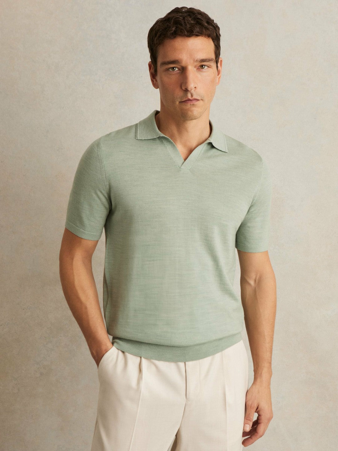 Reiss | Merino Wool Open Collar Polo Shirt in Sage Green Melange