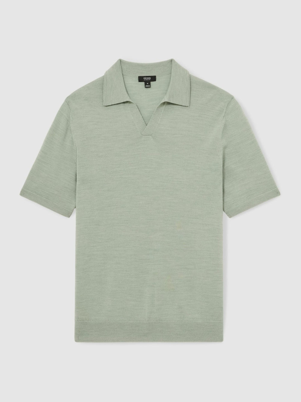 Reiss | Merino Wool Open Collar Polo Shirt in Sage Green Melange