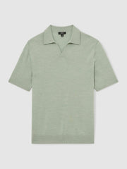 Reiss | Merino Wool Open Collar Polo Shirt in Sage Green Melange