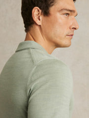 Reiss | Merino Wool Open Collar Polo Shirt in Sage Green Melange