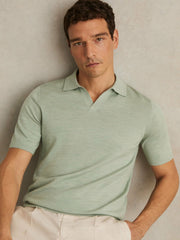 Reiss | Merino Wool Open Collar Polo Shirt in Sage Green Melange