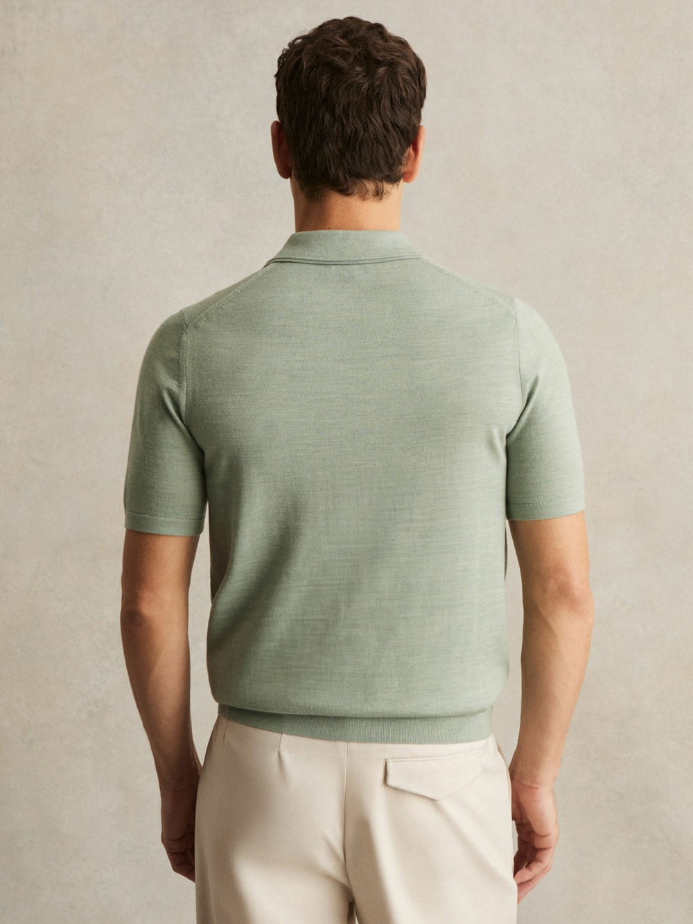 Reiss | Merino Wool Open Collar Polo Shirt in Sage Green Melange
