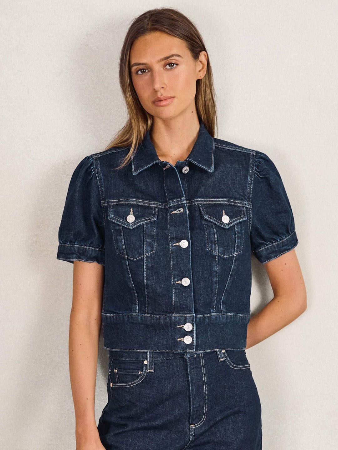 Reiss | Paige Puff-Sleeve Short Denim Jacket in Emberlynn Blue