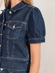 Reiss | Paige Puff-Sleeve Short Denim Jacket in Emberlynn Blue
