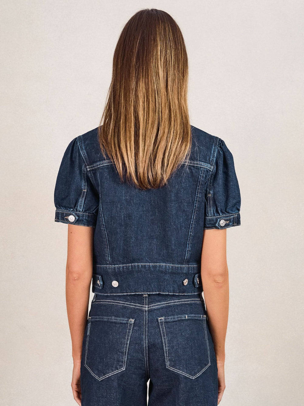 Reiss | Paige Puff-Sleeve Short Denim Jacket in Emberlynn Blue