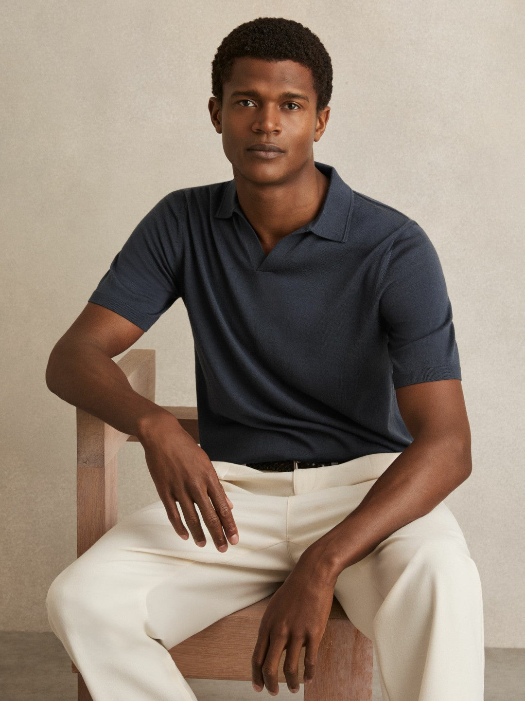 Reiss | Merino Wool Open Collar Polo Shirt in Midnight Navy