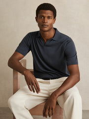 Reiss | Merino Wool Open Collar Polo Shirt in Midnight Navy