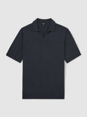 Reiss | Merino Wool Open Collar Polo Shirt in Midnight Navy