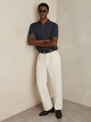 Reiss | Merino Wool Open Collar Polo Shirt in Midnight Navy
