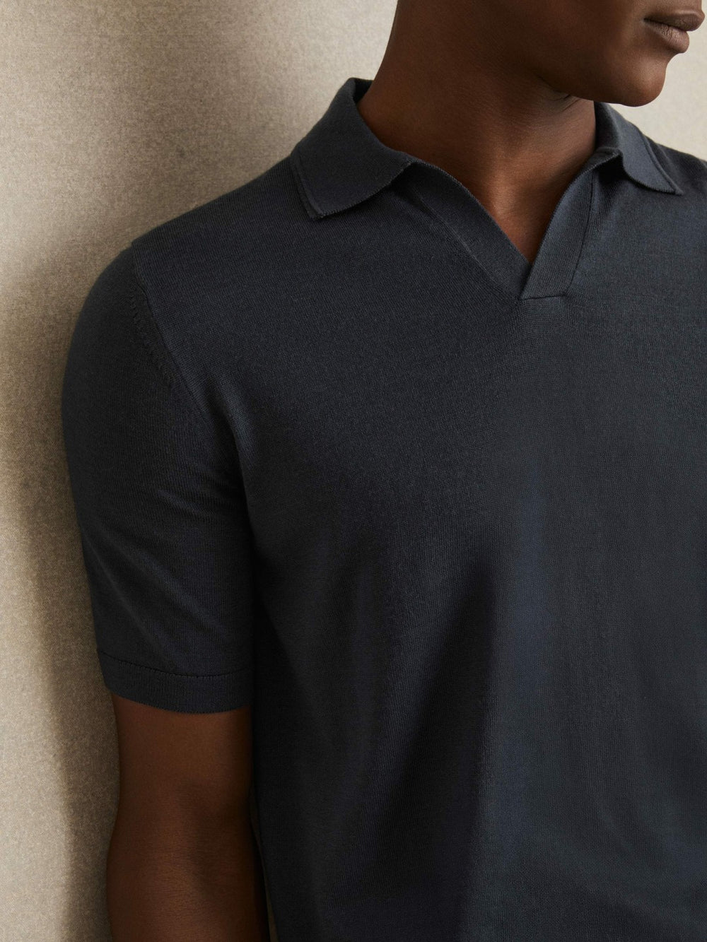 Reiss | Merino Wool Open Collar Polo Shirt in Midnight Navy