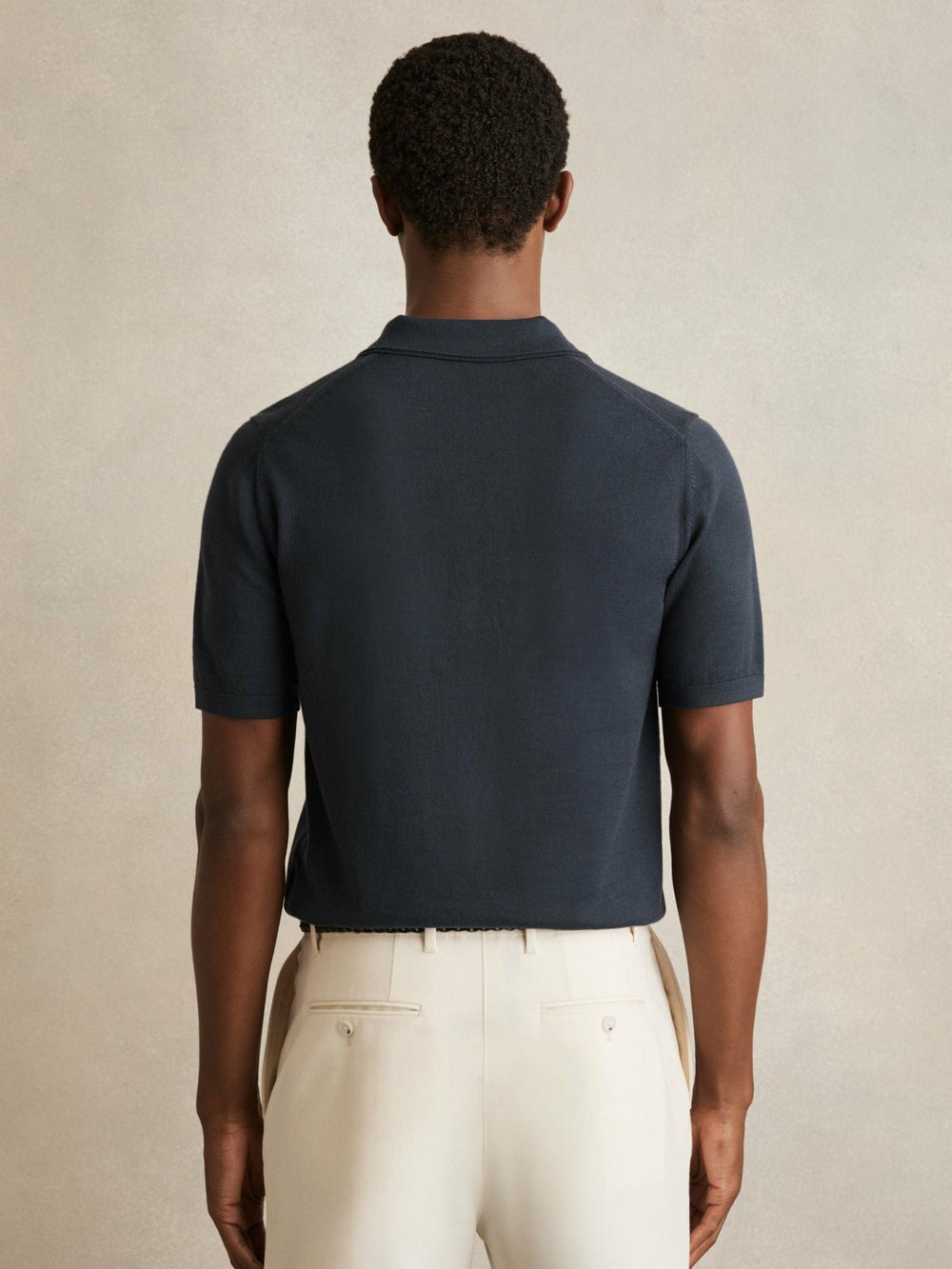 Reiss | Merino Wool Open Collar Polo Shirt in Midnight Navy