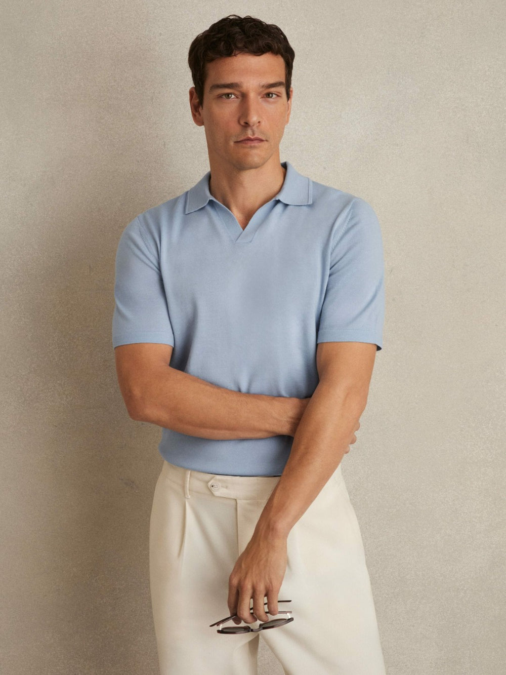 Reiss | Merino Wool Open Collar Polo Shirt in Soft Blue