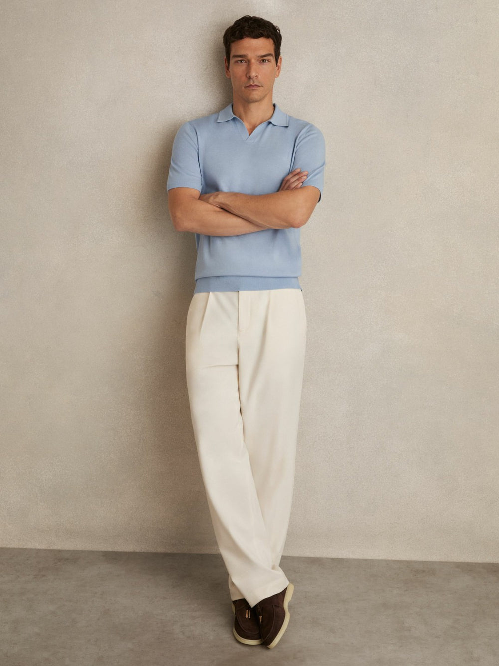 Reiss | Merino Wool Open Collar Polo Shirt in Soft Blue