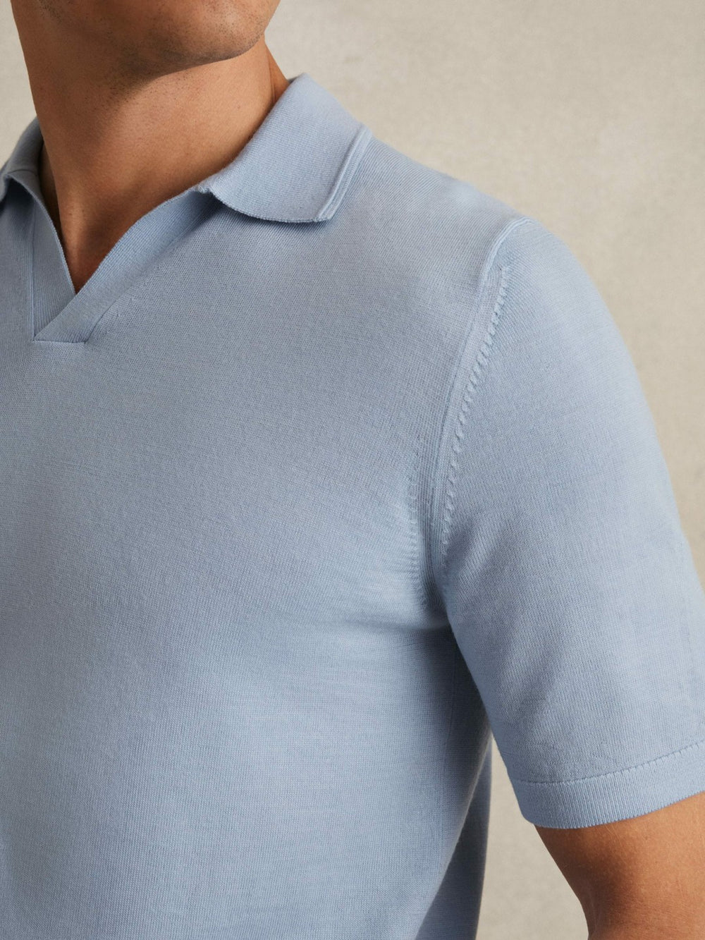 Reiss | Merino Wool Open Collar Polo Shirt in Soft Blue