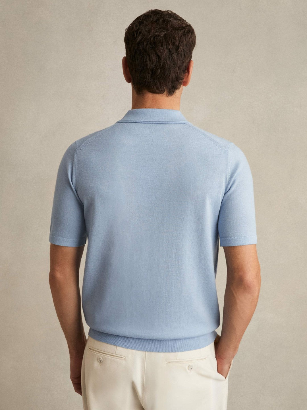 Reiss | Merino Wool Open Collar Polo Shirt in Soft Blue