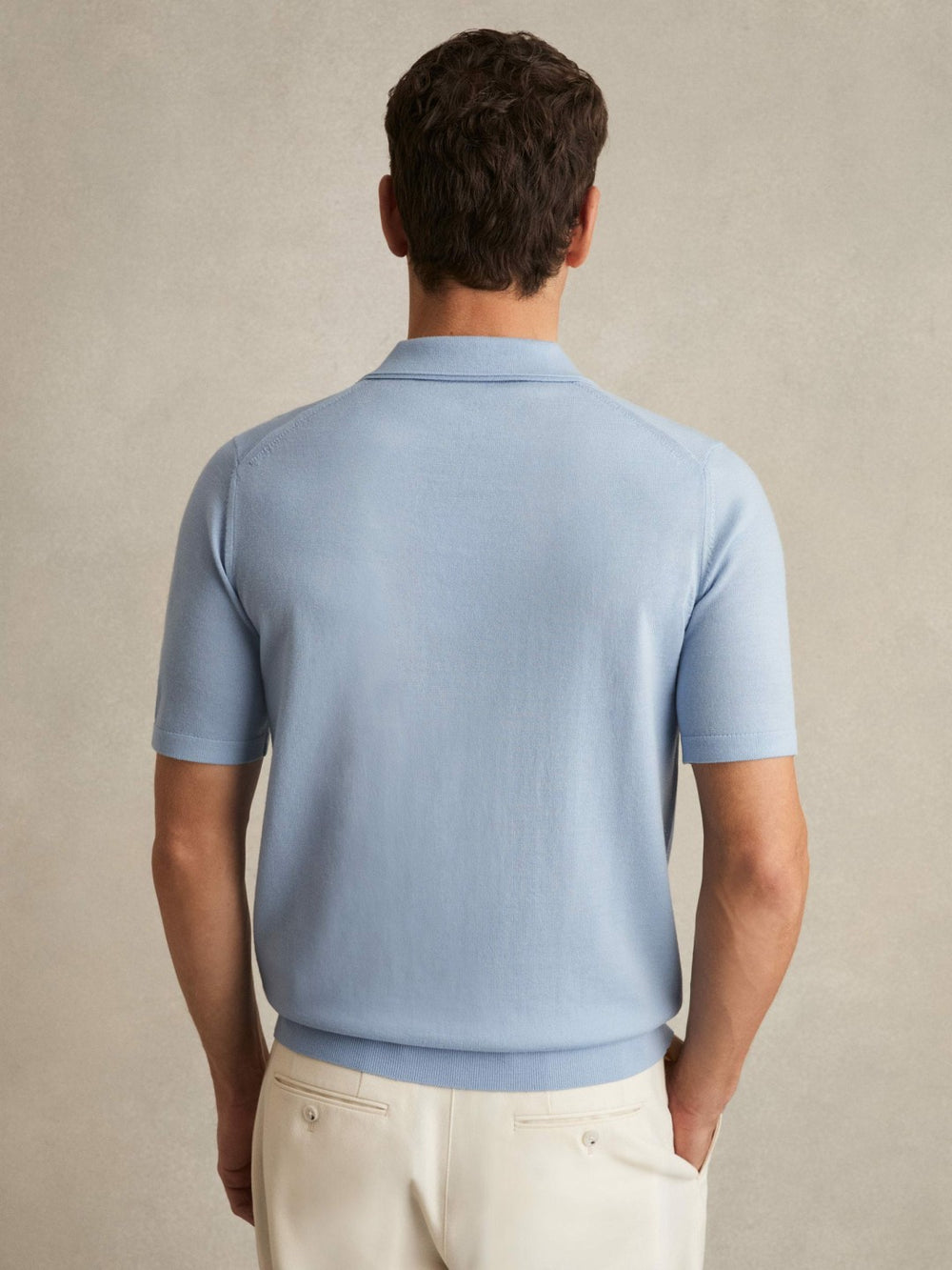 Reiss | Merino Wool Open Collar Polo Shirt in Soft Blue