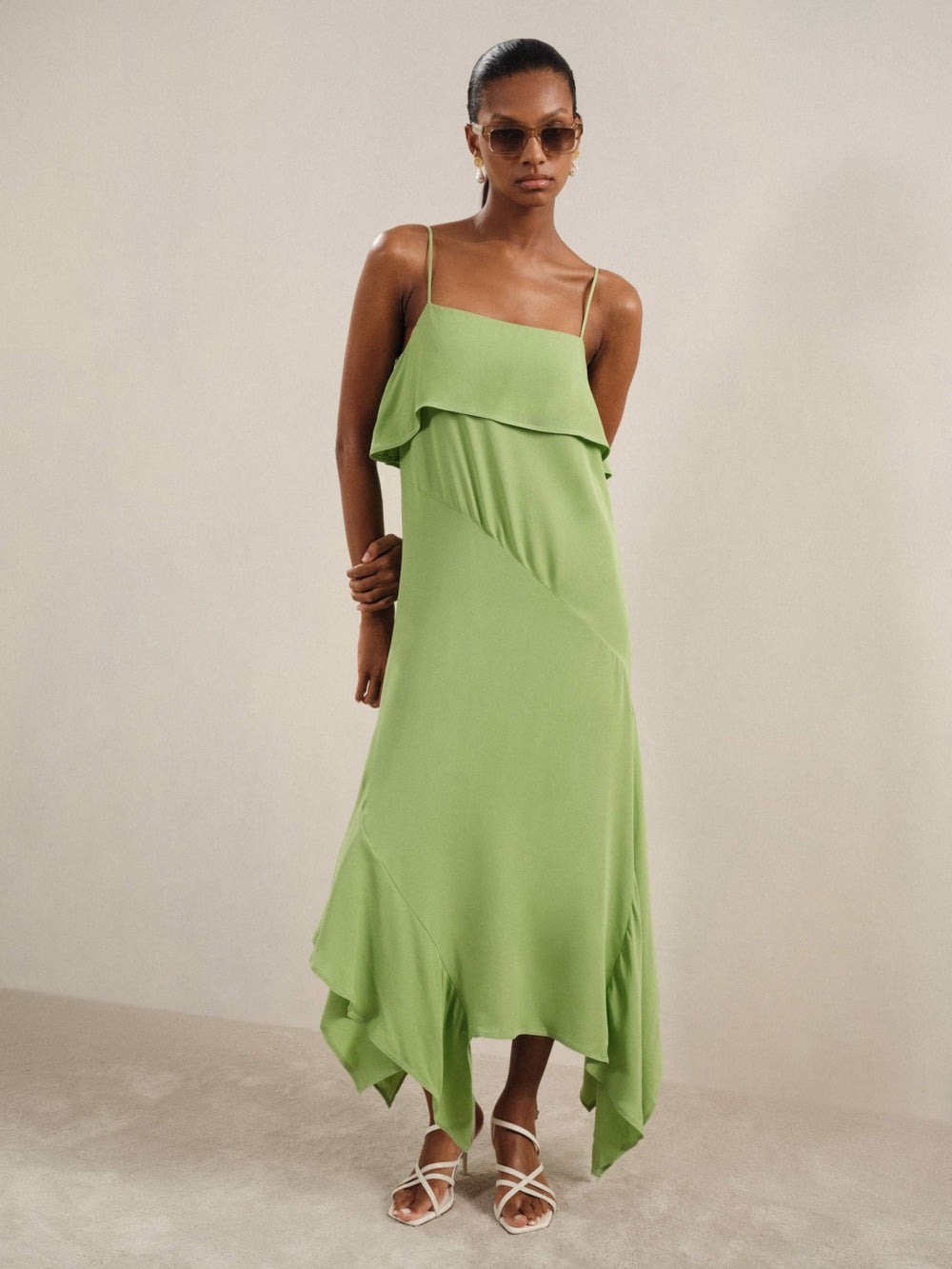 Reiss | Ruffle-Detail Midi Dress in Green