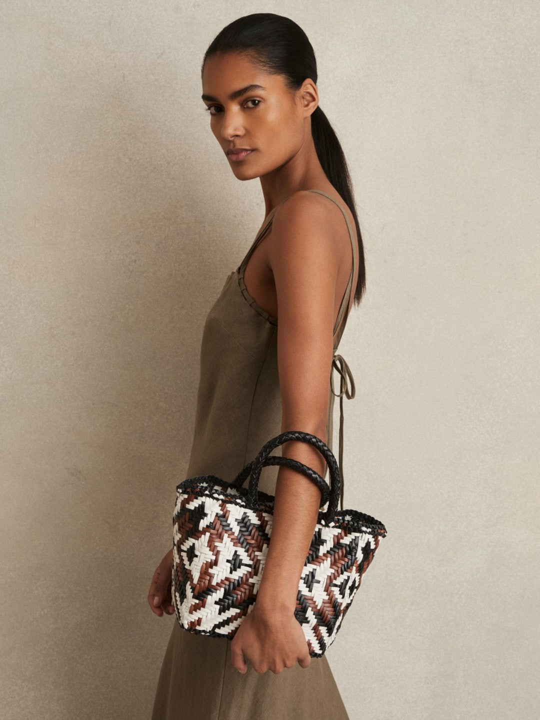 Reiss | Small Leather Woven Tote Bag in Tan/White/Black