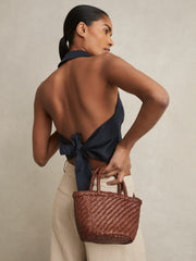 Reiss | Leather Woven Mini Tote Bag in Tan
