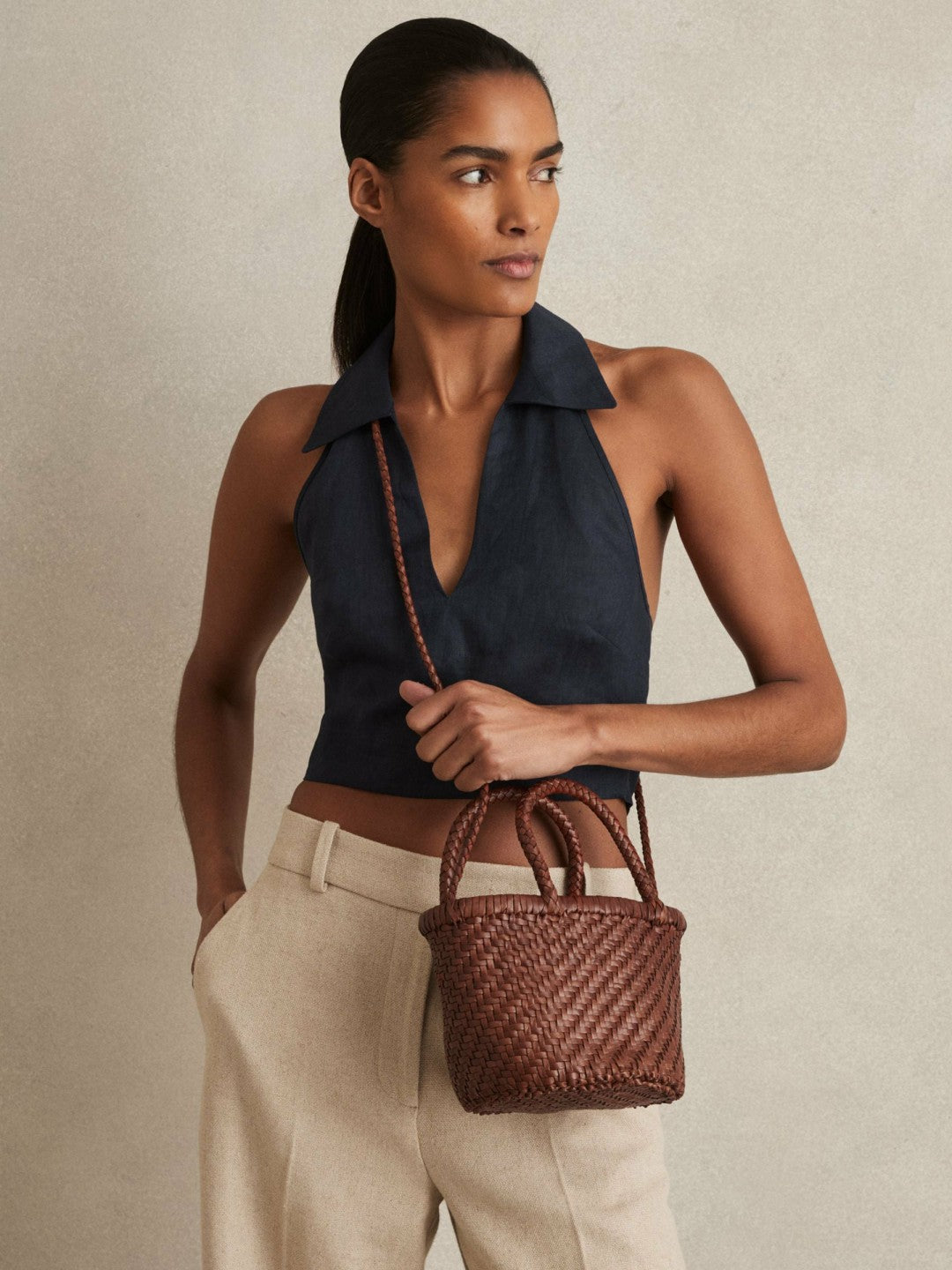 Reiss | Leather Woven Mini Tote Bag in Tan