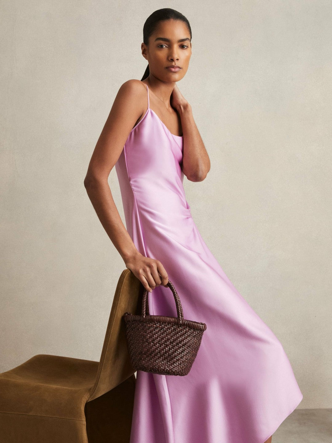 Reiss | Leather Woven Mini Tote Bag in Chocolate