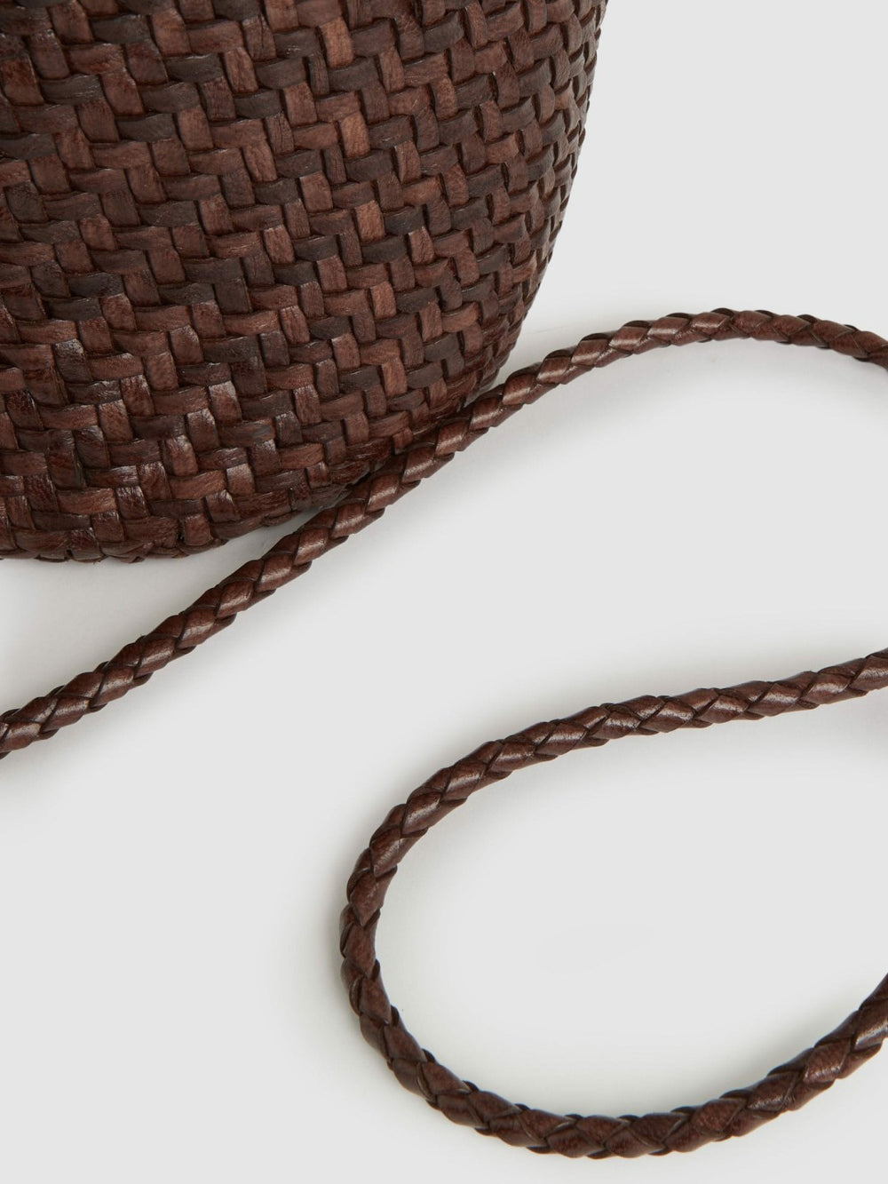 Reiss | Leather Woven Mini Tote Bag in Chocolate