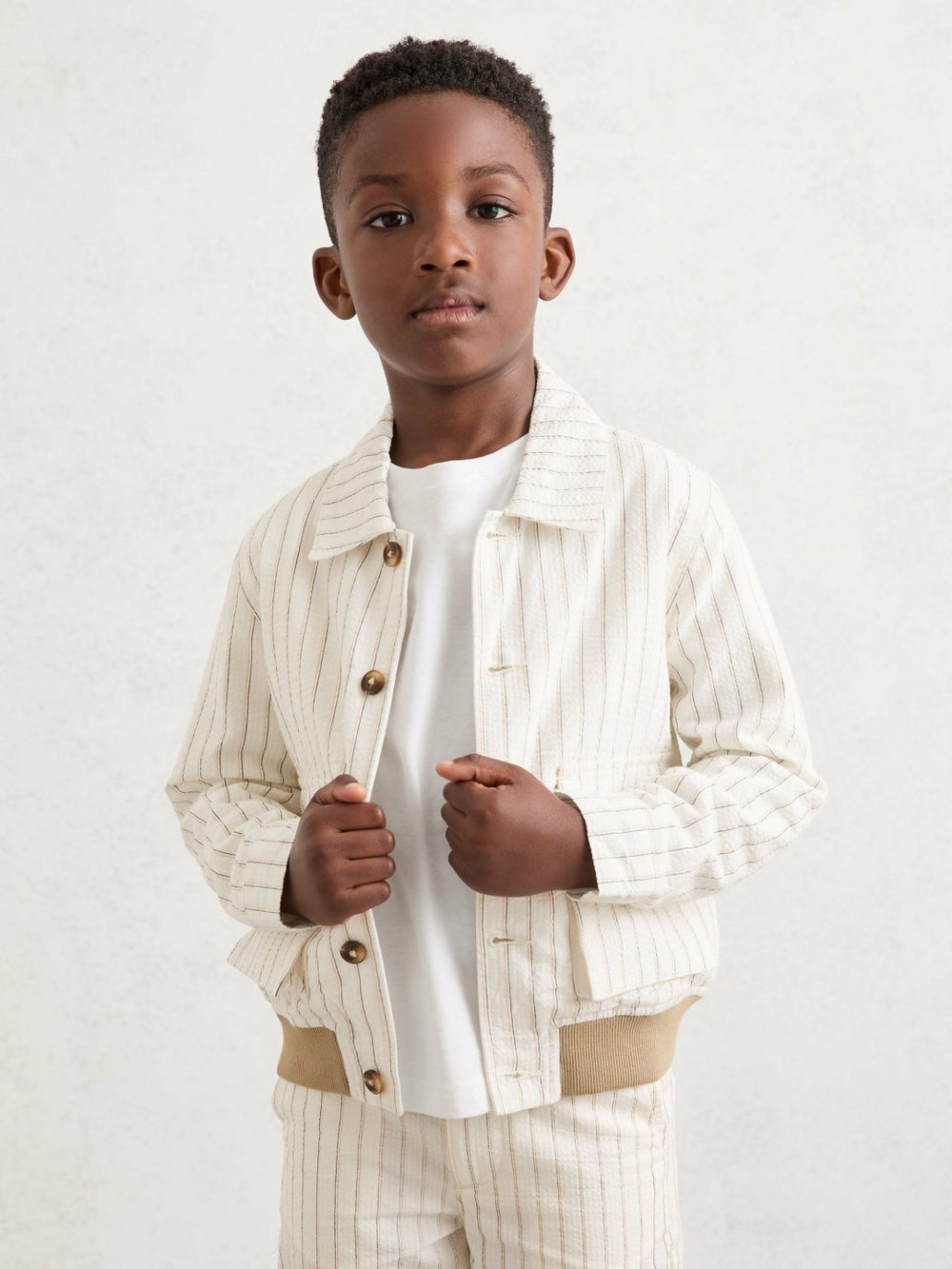 Reiss | 13-14 yrs Cotton Pinstripe Harrington Jacket in Off White/Taupe Brown