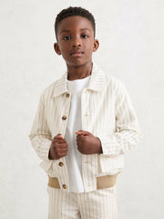 Reiss | 13-14 yrs Cotton Pinstripe Harrington Jacket in Off White/Taupe Brown