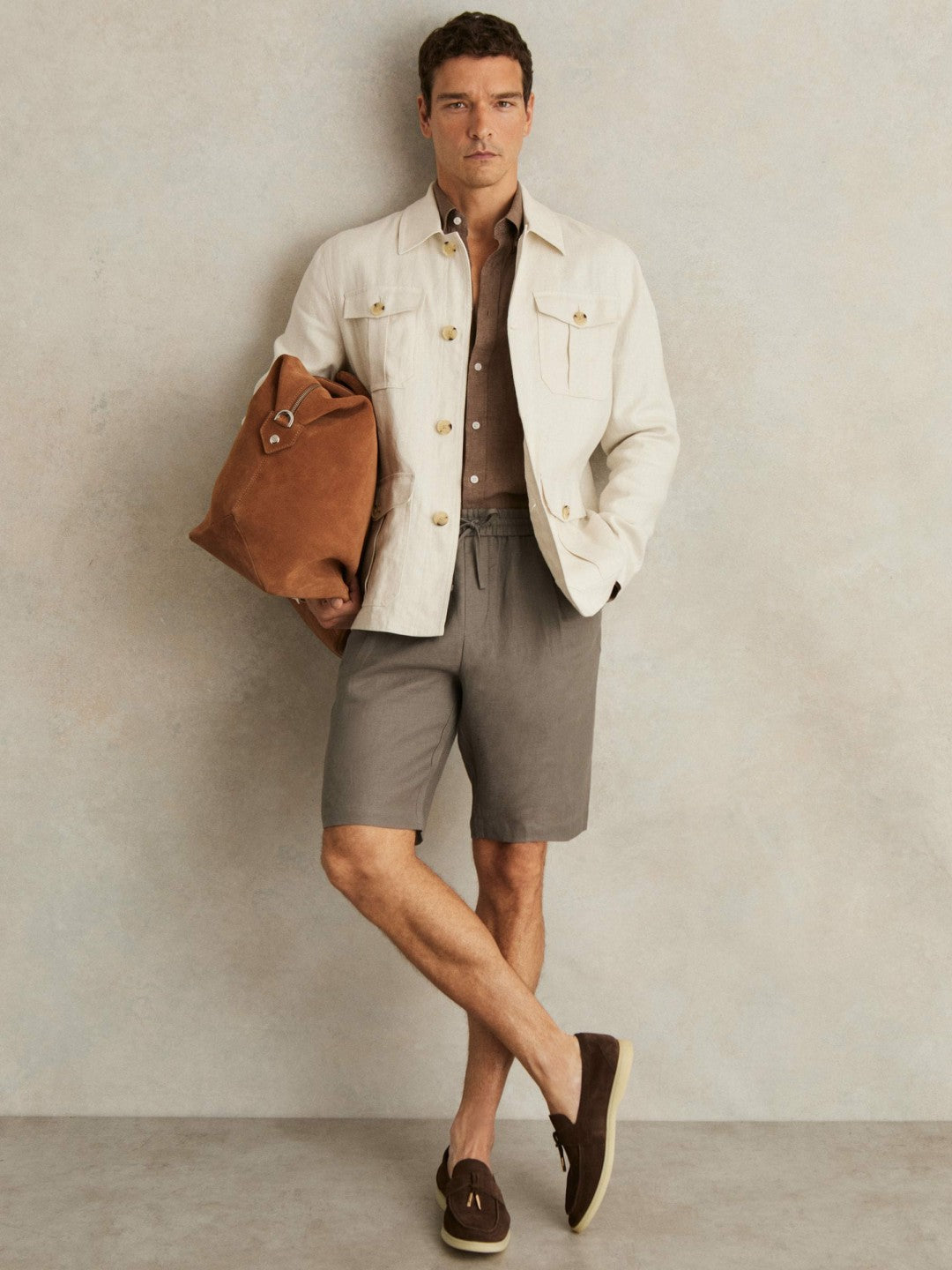 Reiss | Linen Drawstring Shorts in Mushroom Brown