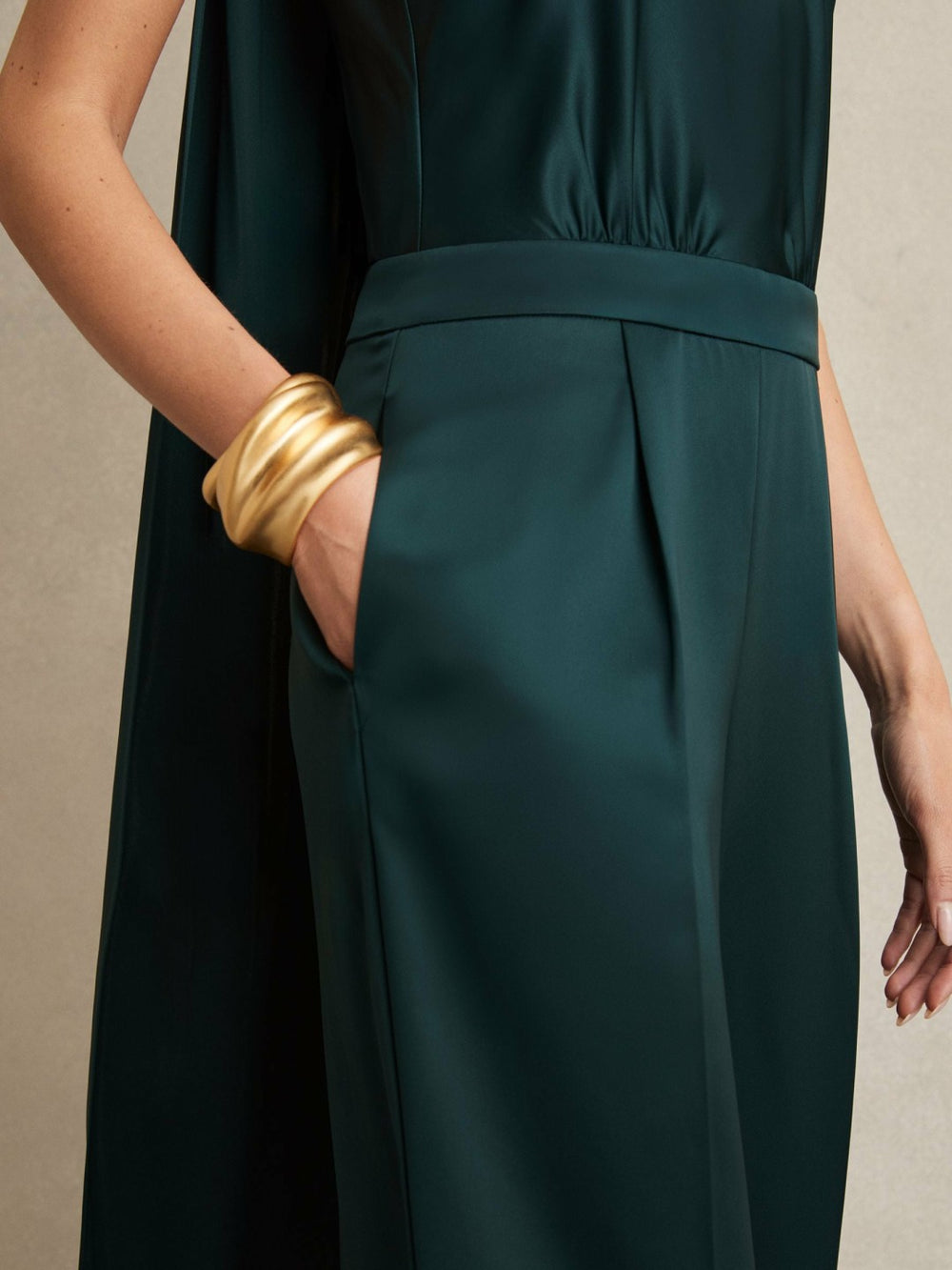 Reiss | Satin Cape-Sash Jumpsuit in Teal Green