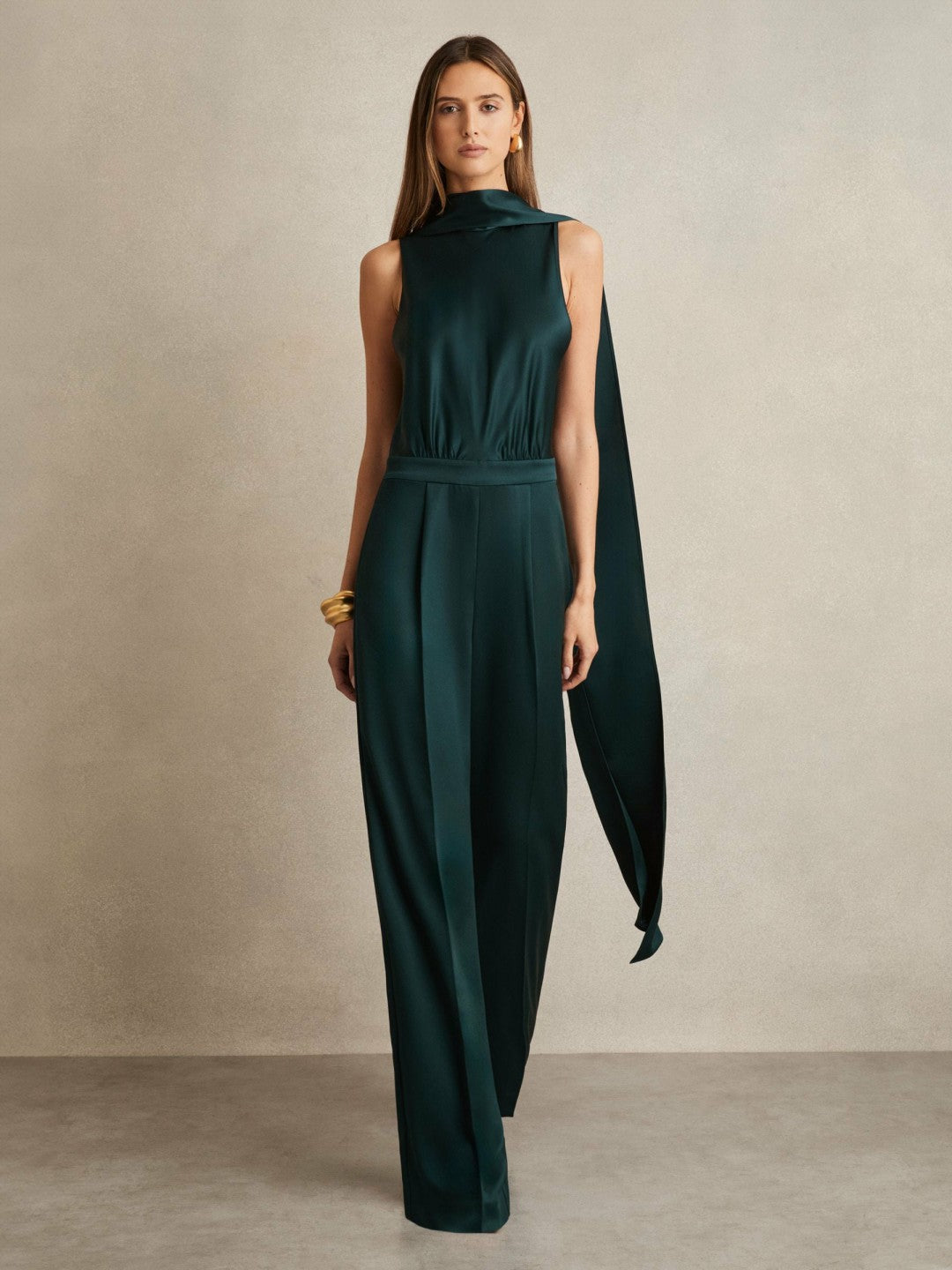 Reiss | Satin Cape-Sash Jumpsuit in Teal Green