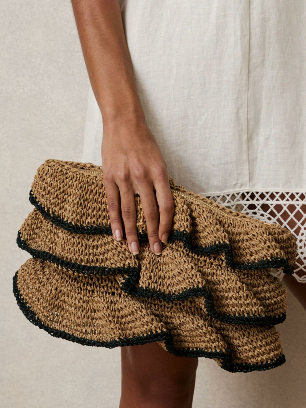 Reiss | Raffia Ruffle Clutch Bag in Natural