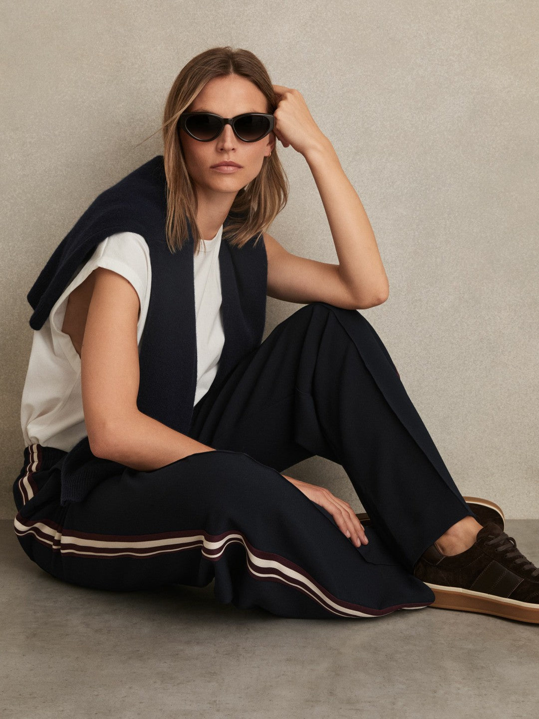 Reiss | Side-Stripe Wide-Leg Trousers in Navy
