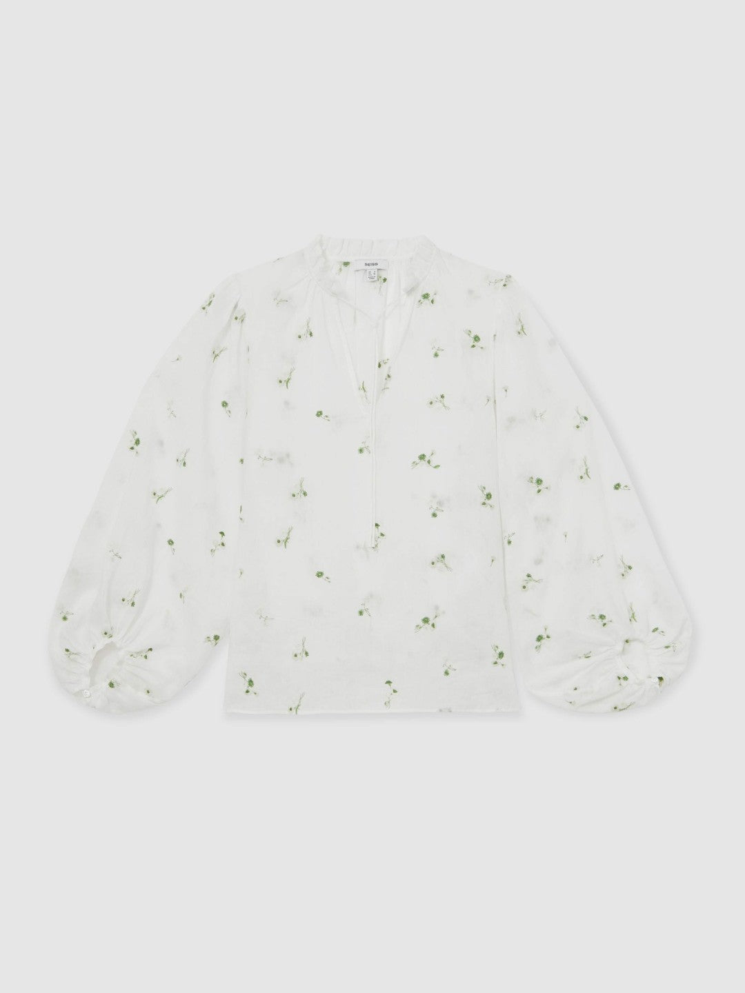 Reiss | Floral-Embroidered Tie-Neck Blouse Ramie-Lyocell in Ivory