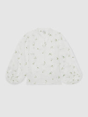 Reiss | Floral-Embroidered Tie-Neck Blouse Ramie-Lyocell in Ivory