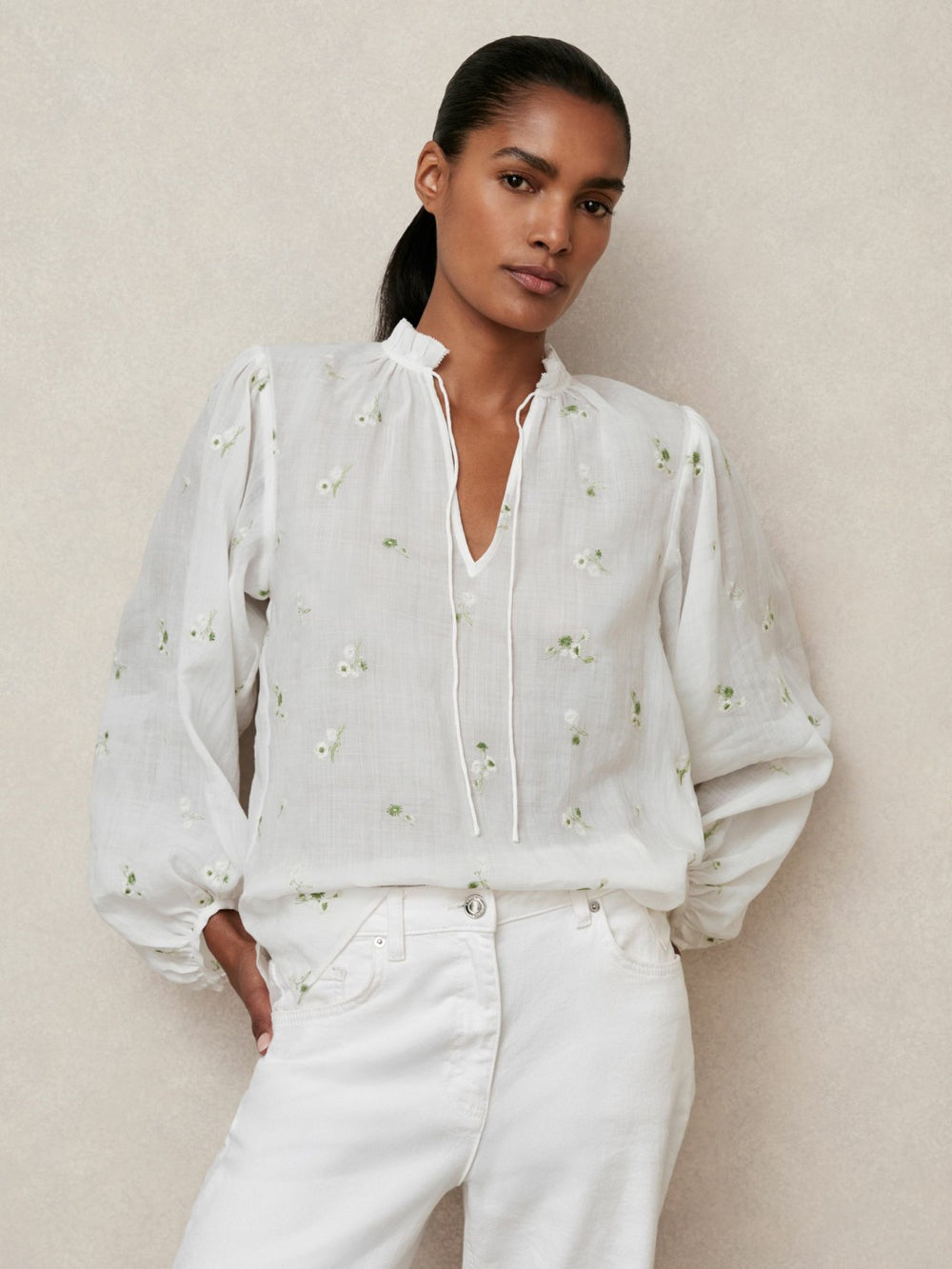 Reiss | Floral-Embroidered Tie-Neck Blouse Ramie-Lyocell in Ivory
