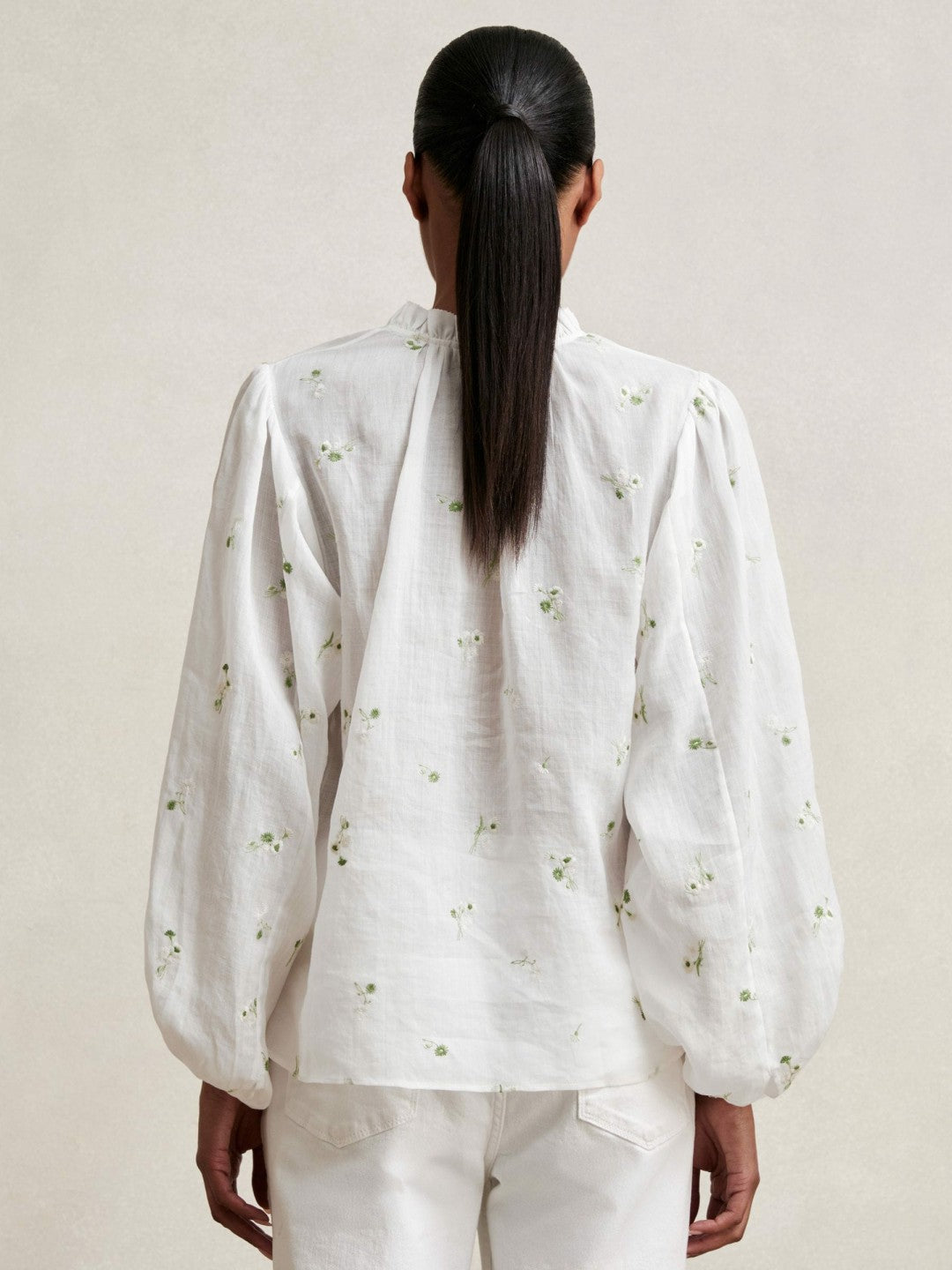 Reiss | Floral-Embroidered Tie-Neck Blouse Ramie-Lyocell in Ivory