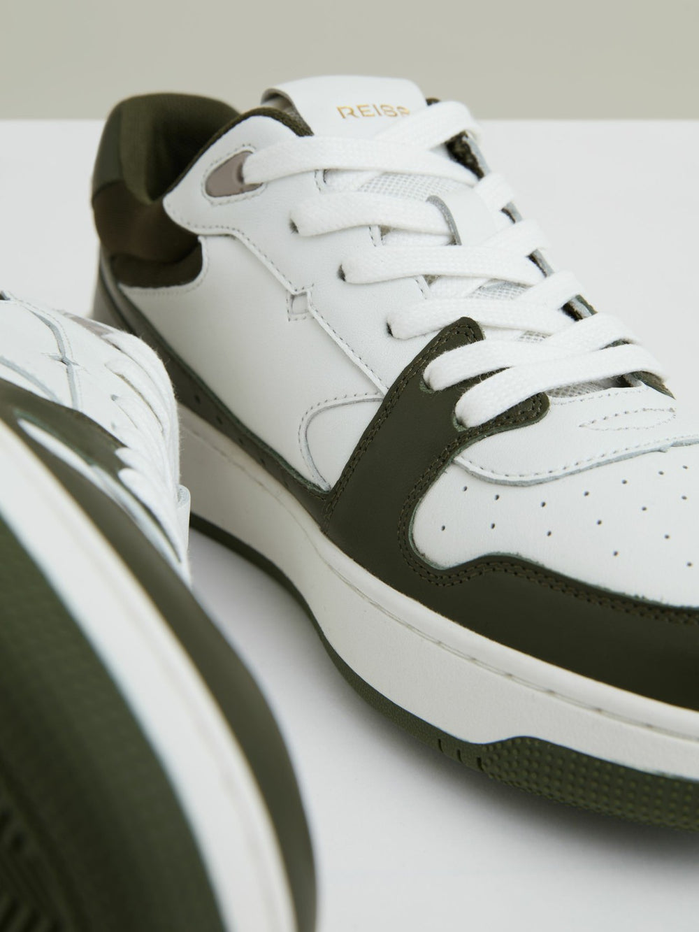 Reiss | Leather Panelled Trainers in Khaki/White