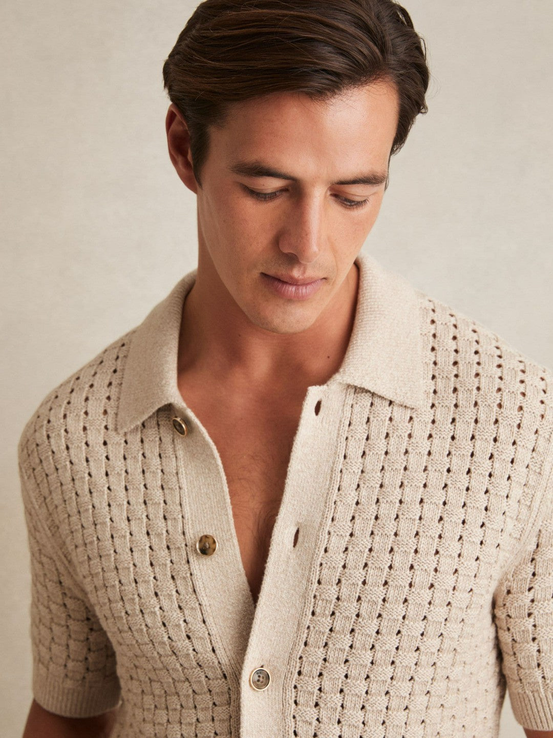 Reiss | Basketweave Knit Button Through Cotton Blend Shirt in Stone