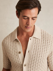 Reiss | Basketweave Knit Button Through Cotton Blend Shirt in Stone