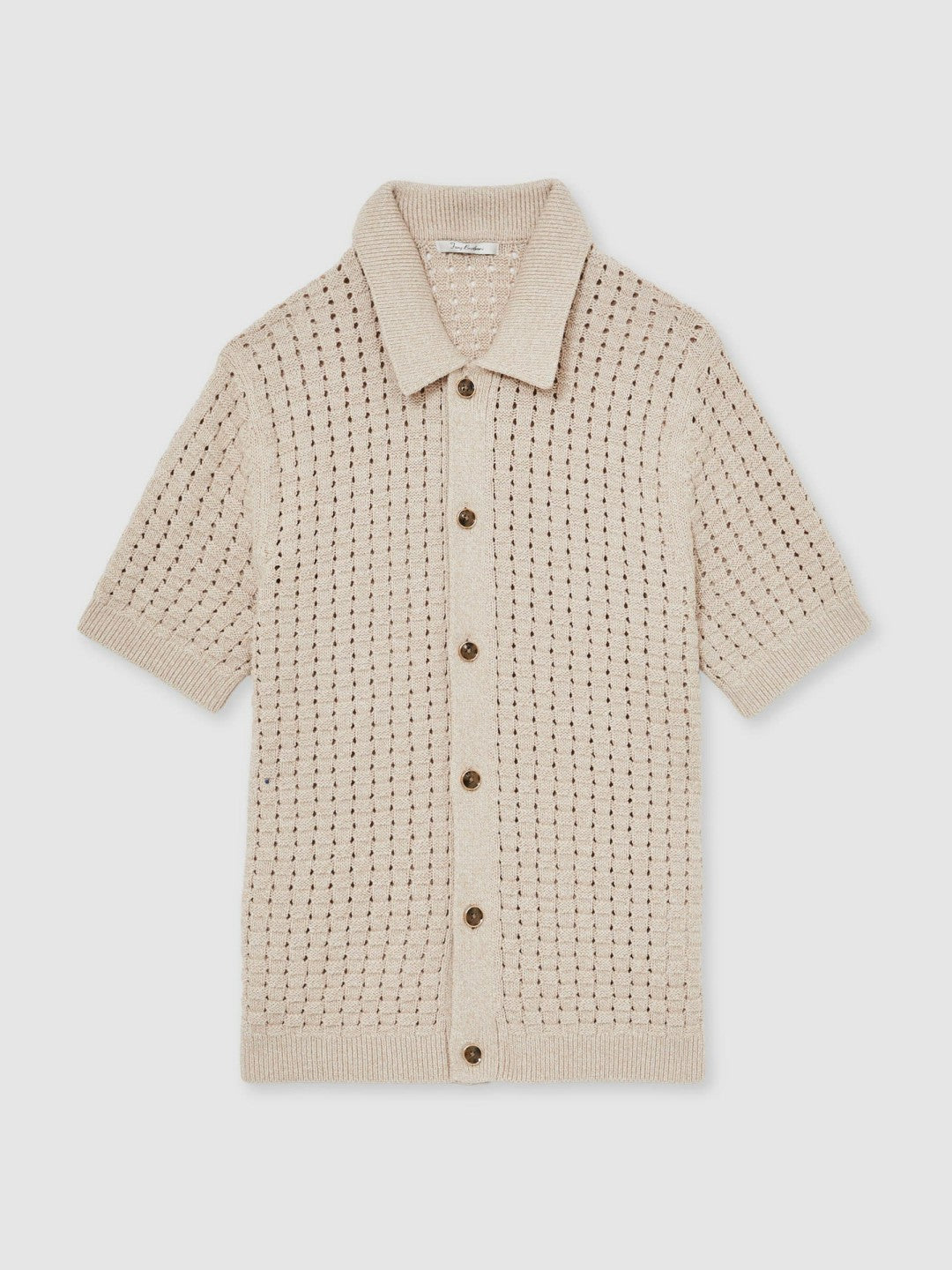 Reiss | Basketweave Knit Button Through Cotton Blend Shirt in Stone