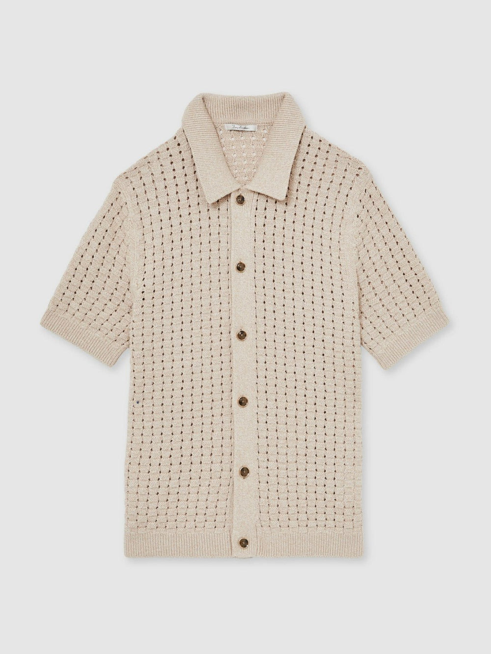Reiss | Basketweave Knit Button Through Cotton Blend Shirt in Stone