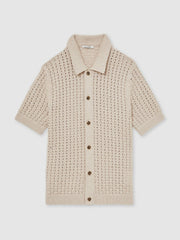 Reiss | Basketweave Knit Button Through Cotton Blend Shirt in Stone