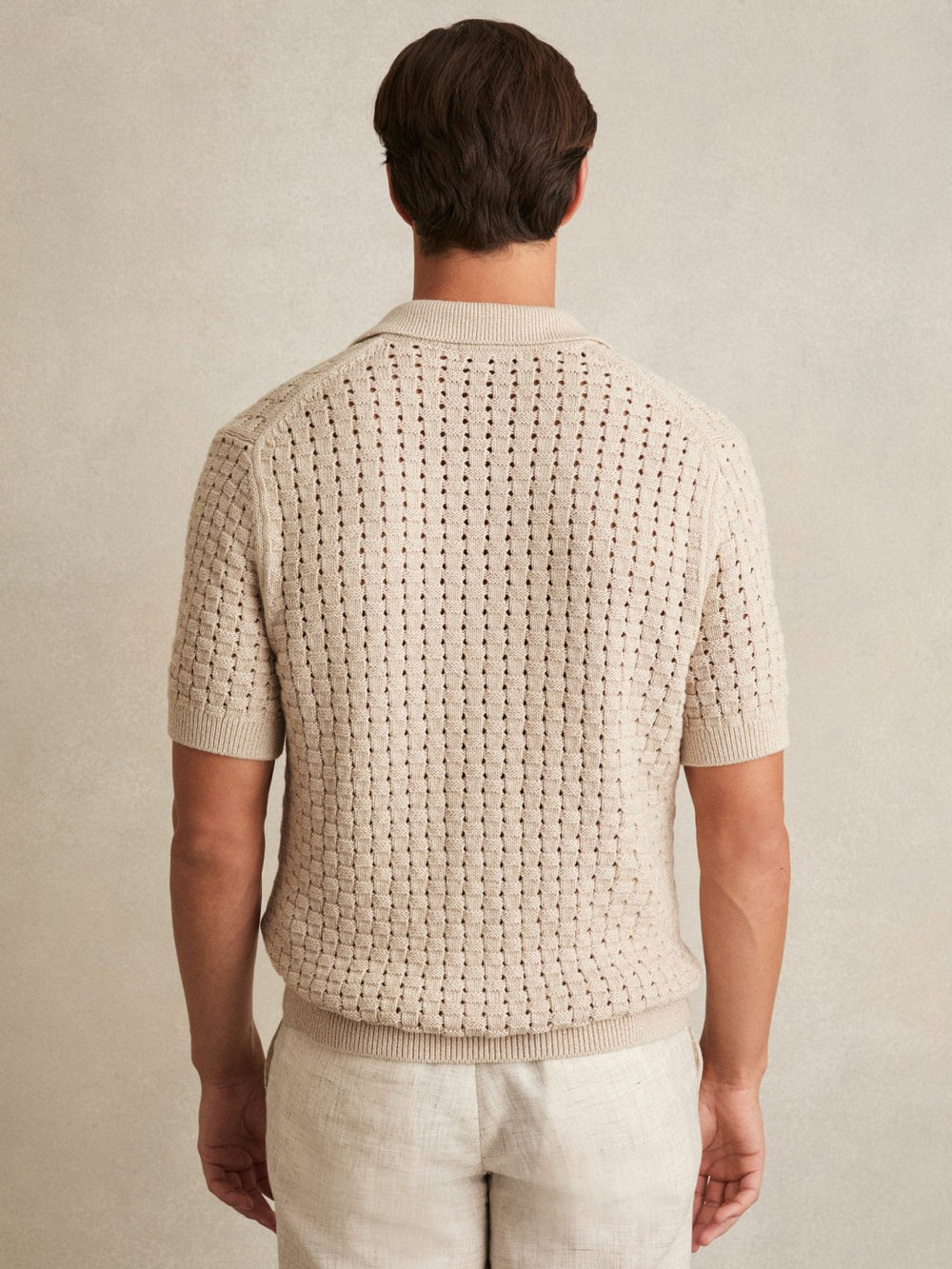Reiss | Basketweave Knit Button Through Cotton Blend Shirt in Stone
