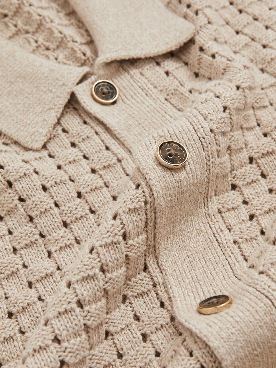 Reiss | Basketweave Knit Button Through Cotton Blend Shirt in Stone