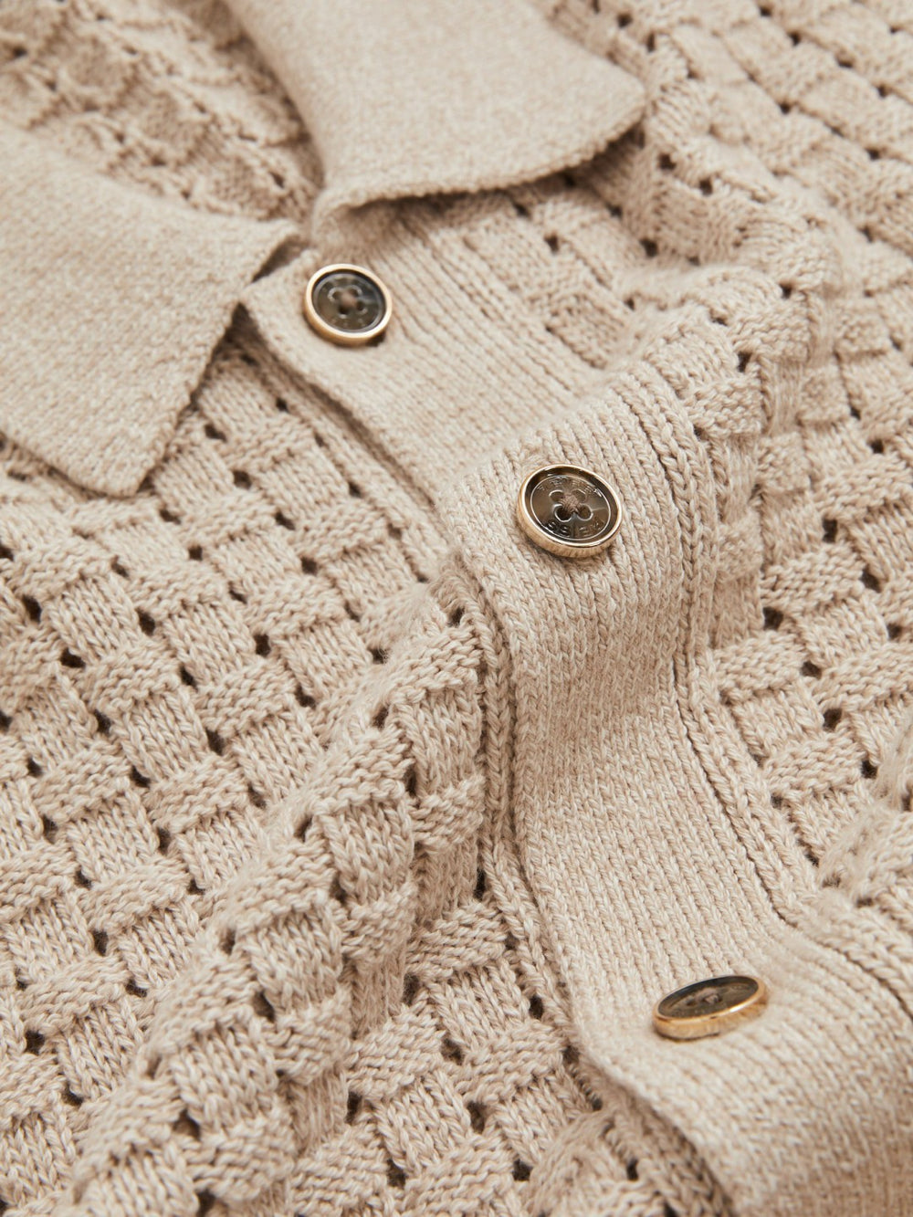 Reiss | Basketweave Knit Button Through Cotton Blend Shirt in Stone