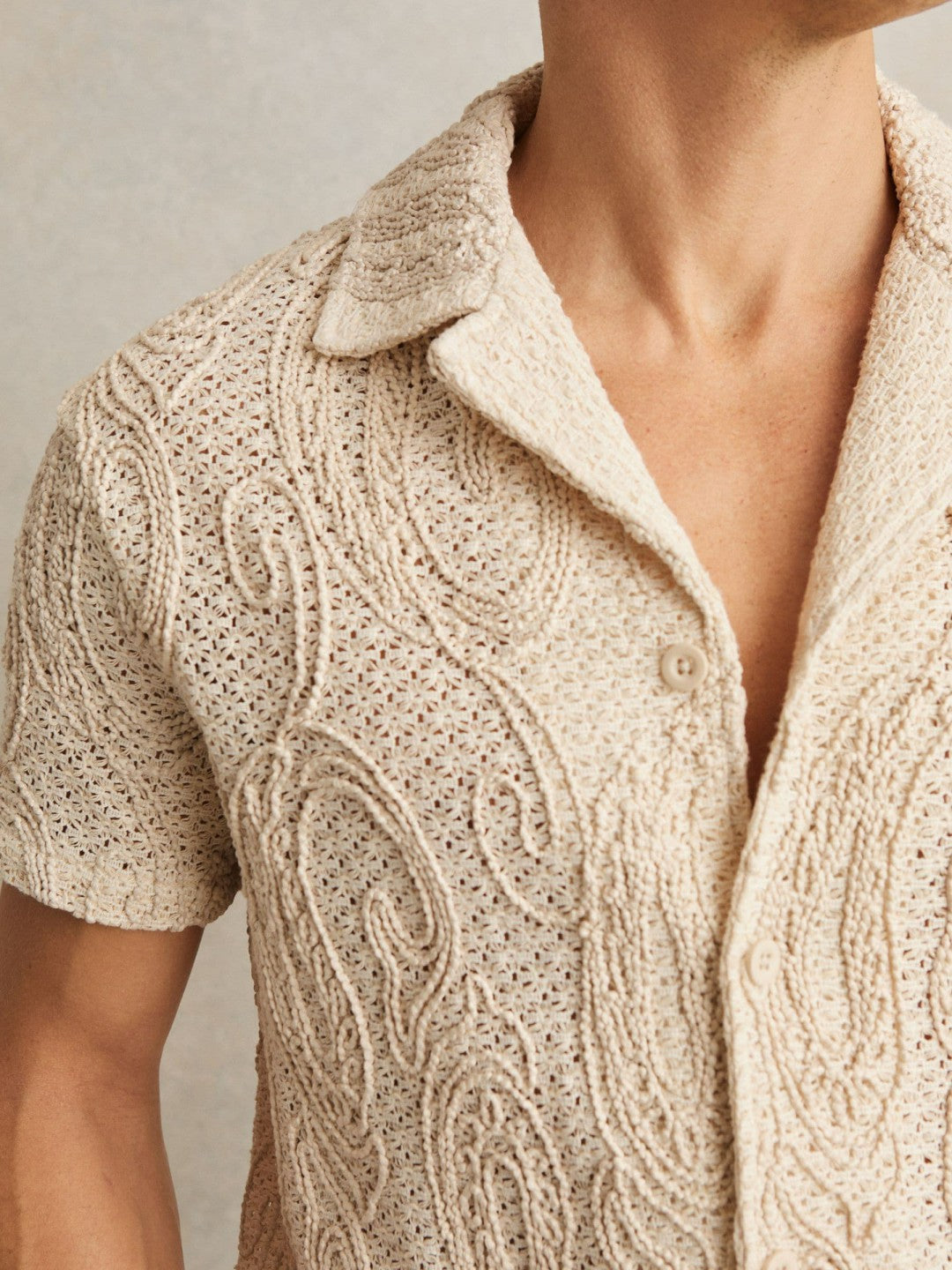 Reiss | Cotton-Blend Embroidered Crochet Shirt in Oatmeal