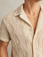 Reiss | Cotton-Blend Embroidered Crochet Shirt in Oatmeal