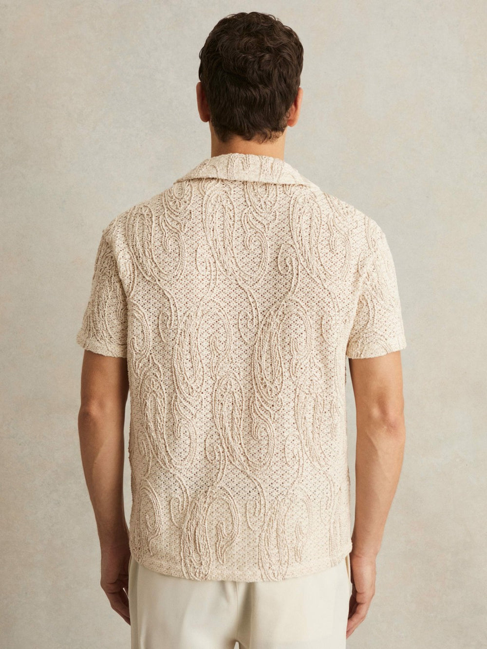 Reiss | Cotton-Blend Embroidered Crochet Shirt in Oatmeal
