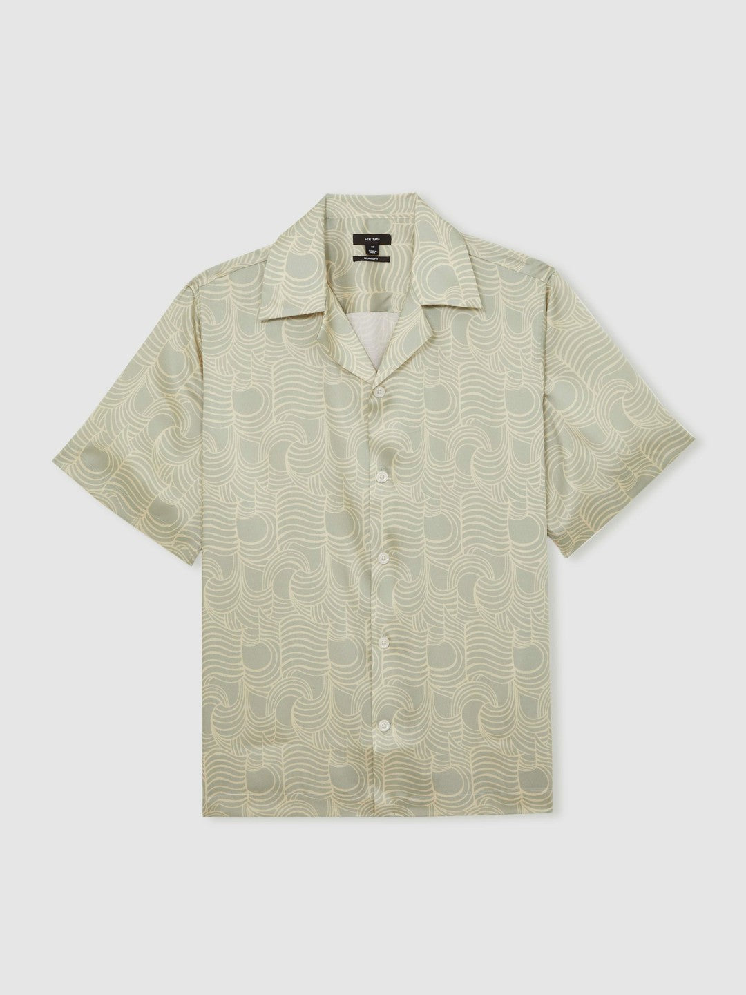 Reiss | Wave Print Cuban Collar Shirt in Sage Green